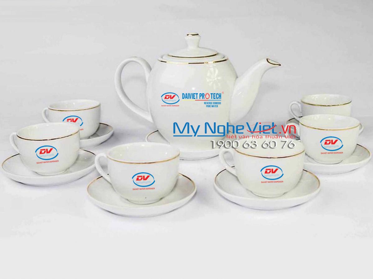Bộ ấm trà ( ấm chén ) men trắng viền chỉ vàng kim  MNV-TS071 - DaiViet Protech