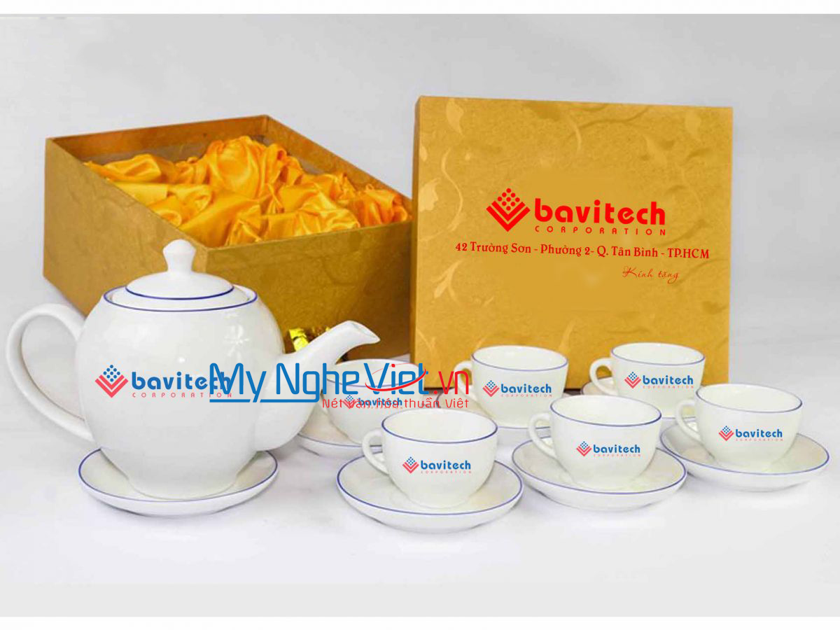Bộ ấm trà (ấm chén ) men trắng viền chỉ xanh dương MNV-BT236- Bavitech
