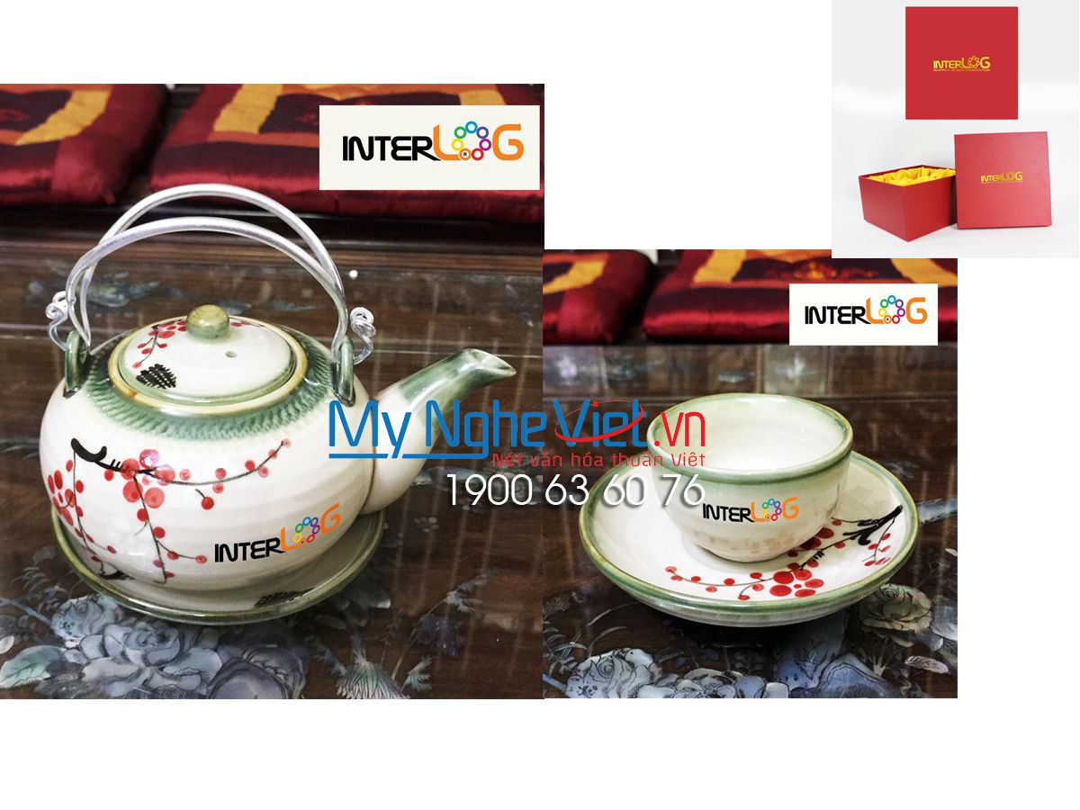 Bộ bình trà ( ấm chén ) men bóng vẽ hoa đào in logo HDInterlog