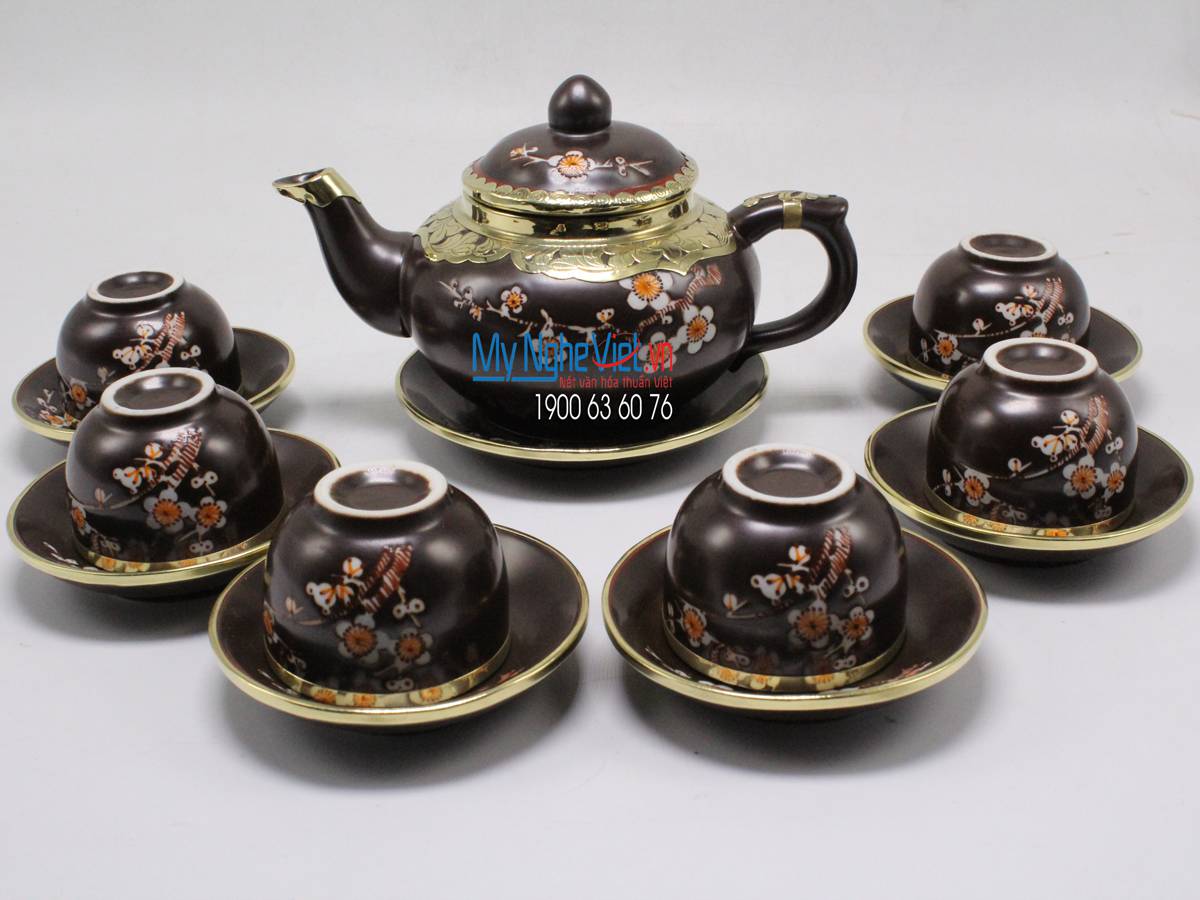 Bộ bình trà dáng Minh Long bọc đồng vẽ hoa đào MNV-TS0940-1 (HÀNG ĐẶT)