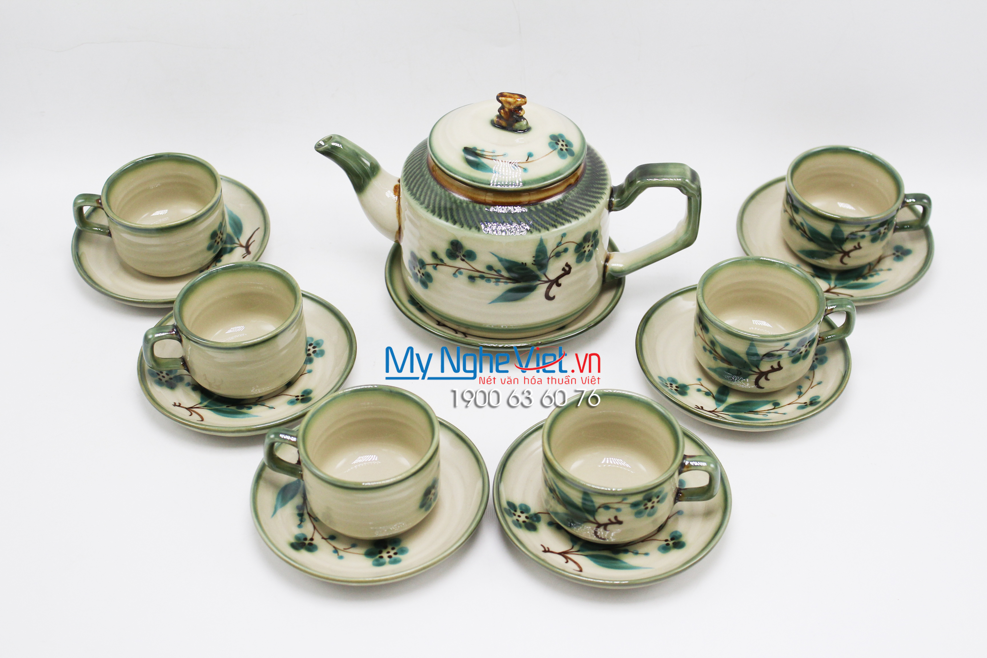 Bộ bình trà men bóng vẽ lá tre quai gốm cốc- MNV-TS022-3 (TẠM HẾT HÀNG)