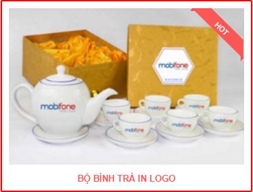 Bộ ấm trà (ấm chén) men trắng viền chỉ xanh dương MNV-BT236- Mobifone (HÀNG ĐẶT)