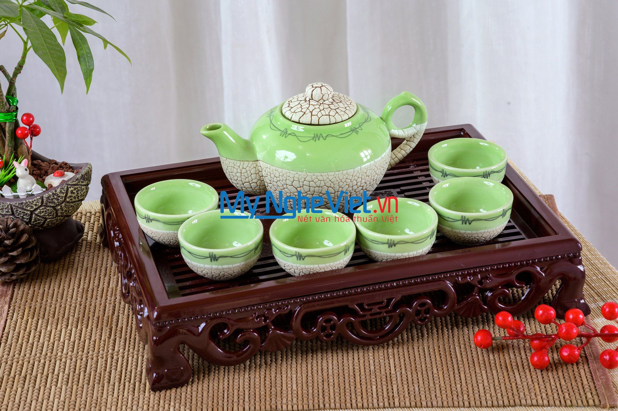 Bộ bình trà ( Ấm chén ) men rạn trứng xanh lá  MNV-BT200 (HÀNG ĐẶT)