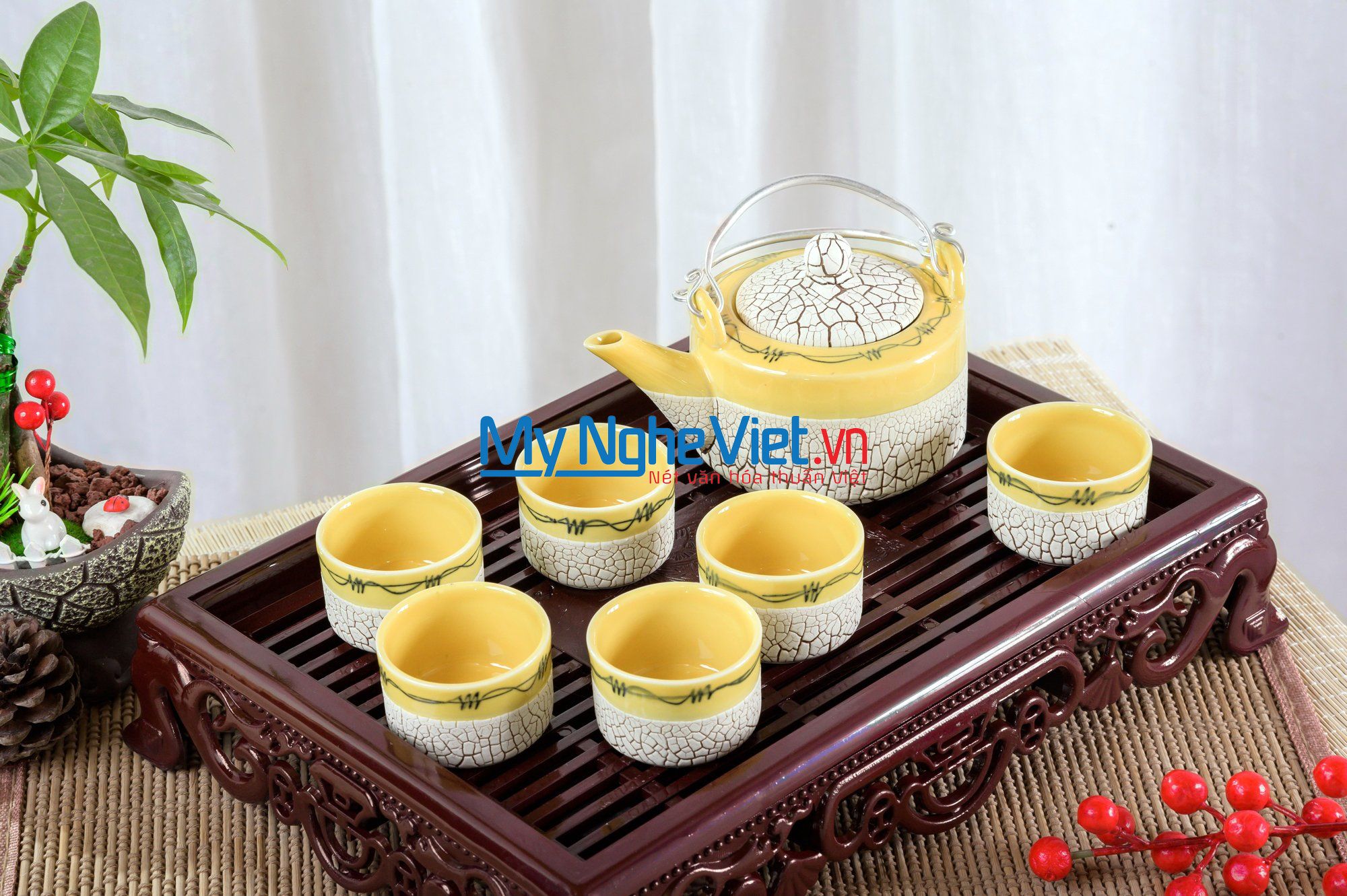 Bộ bình trà ( Ấm chén ) dáng Nhật men rạn trứng vàng MNV-BT211/1 (HÀNG ĐẶT)
