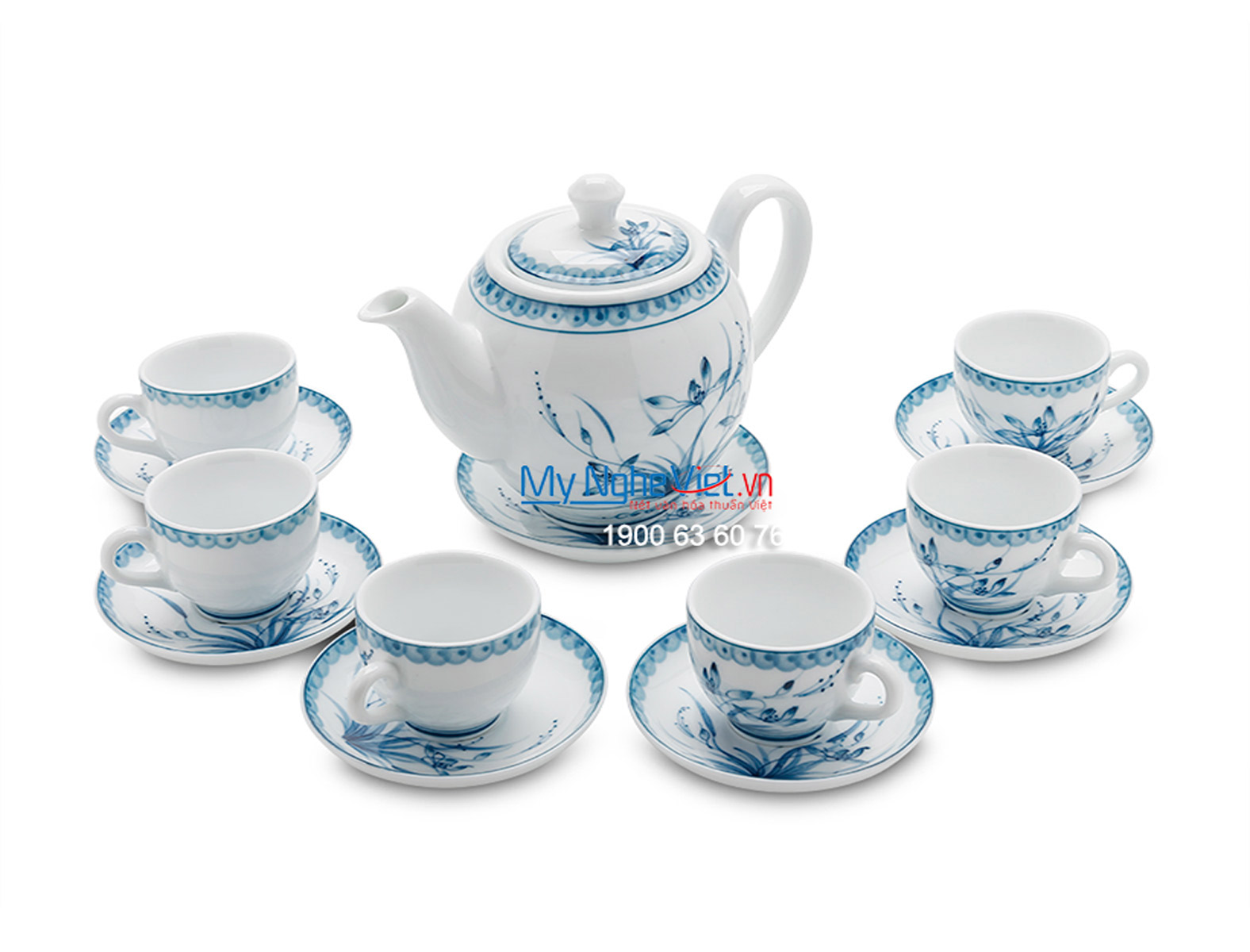 Bộ bình trà men trắng vẽ hoa xanh lam MNV-TS473