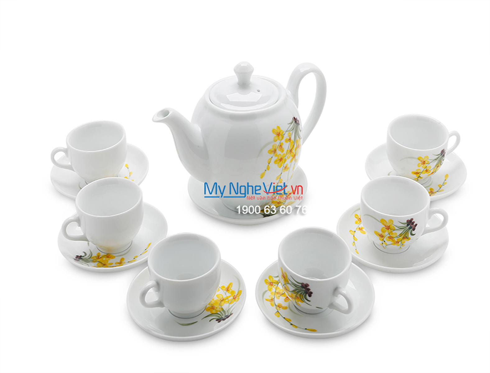 Bộ bình trà men trắng vẽ hoa lan vàng MNV-TS464