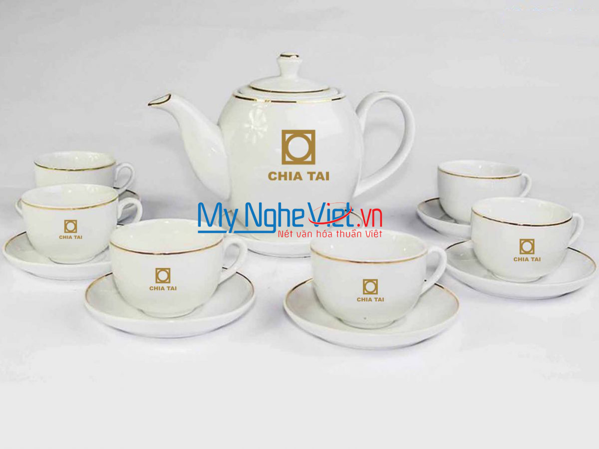 Bộ ấm trà ( ấm chén ) men trắng viền chỉ vàng kim MNV-TS071- Chia Tai