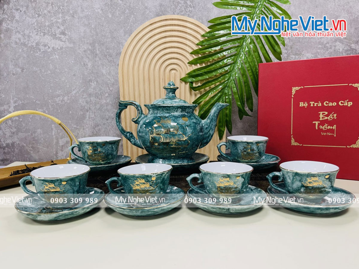 Bộ bình trà cát tường vân đá Thuận buồm viền chỉ vàng kim VBT12/5.1