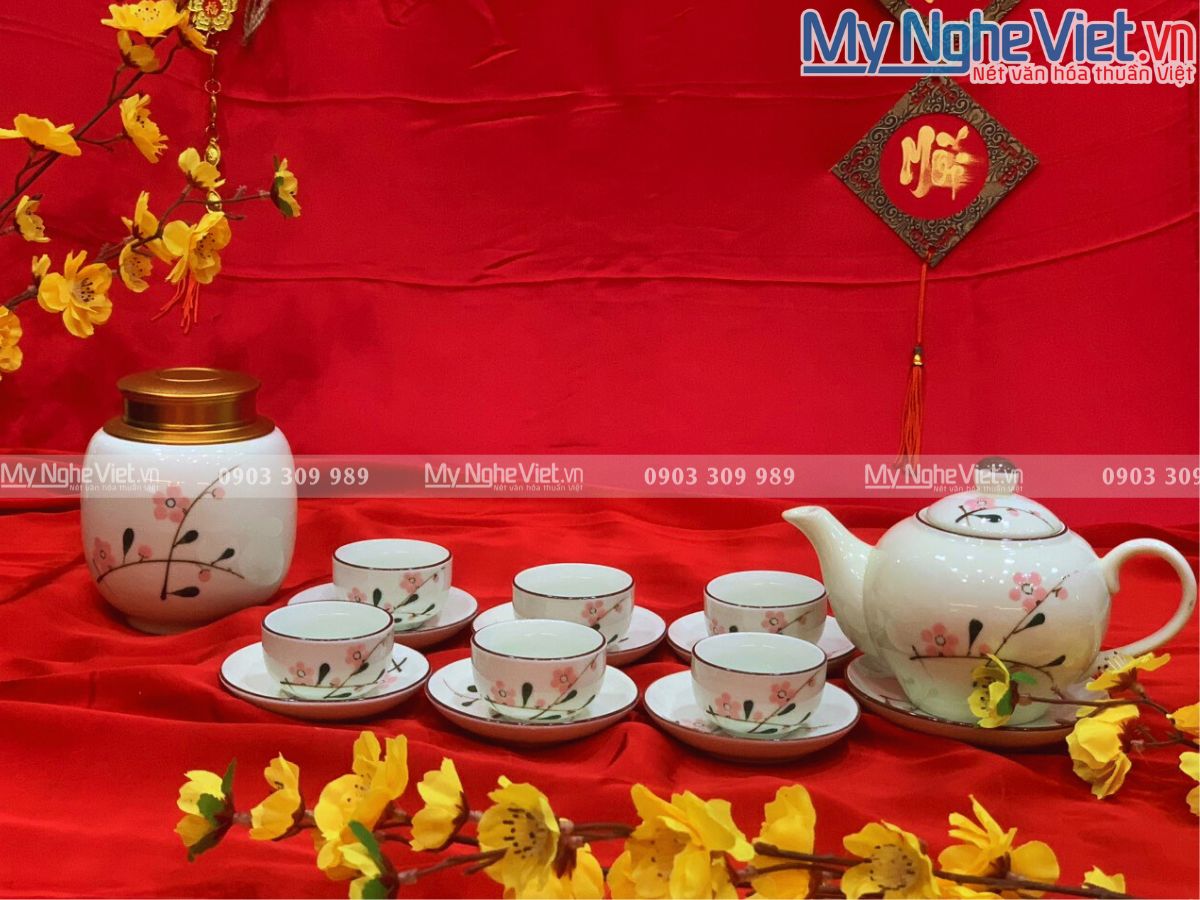 Bộ bình trà dáng bưởi + hũ trà cao vẽ đào hồng MNV-BTHBT02