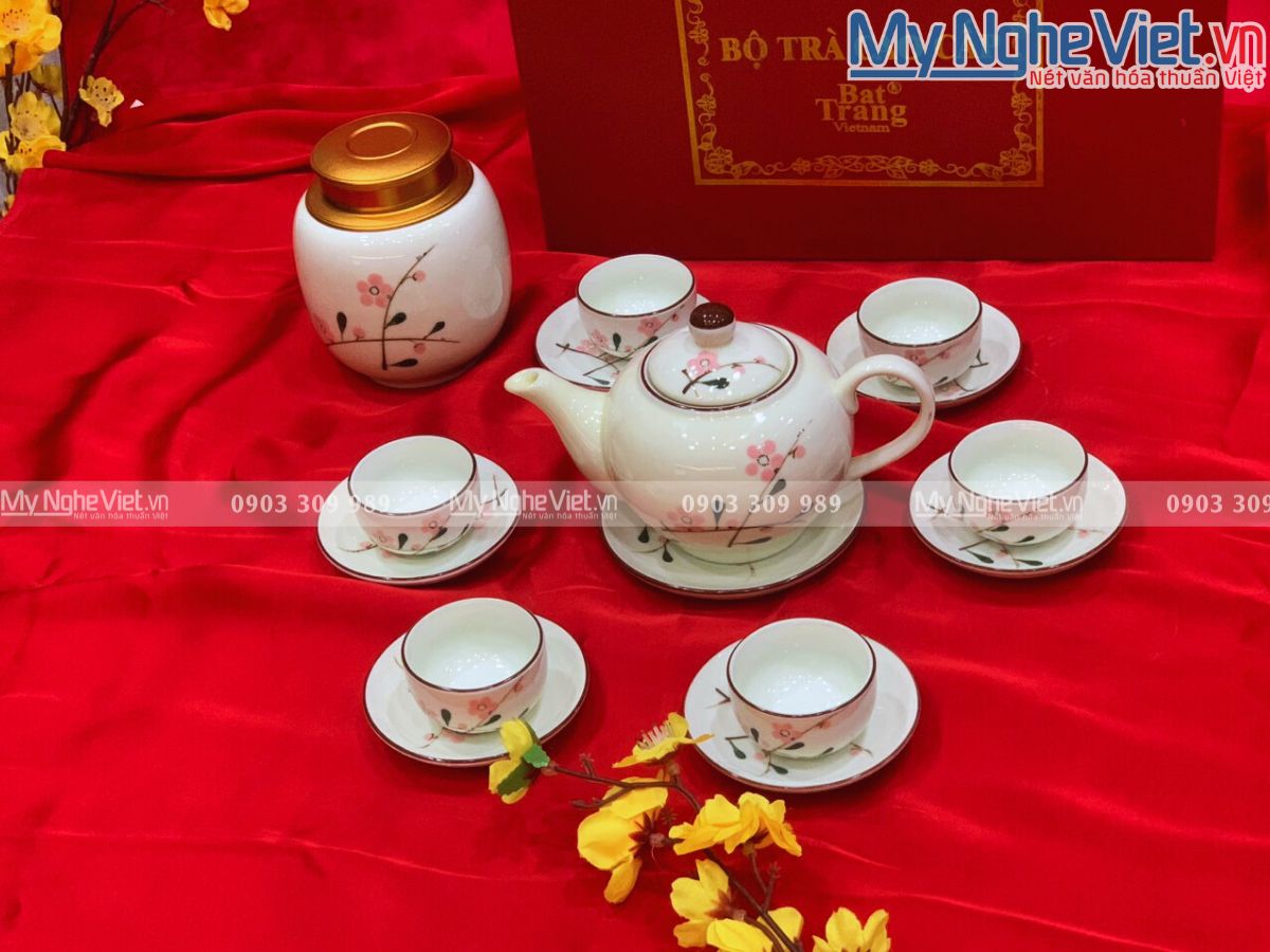 Bộ bình trà dáng bưởi + hũ trà cao vẽ đào hồng MNV-BTHBT02