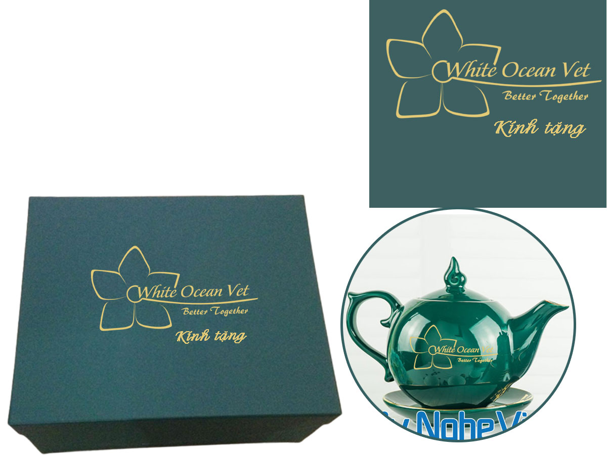 Bộ bình trà ( ấm chén) men xanh cổ vịt in logo Đại Dương Trắng HDWOW01