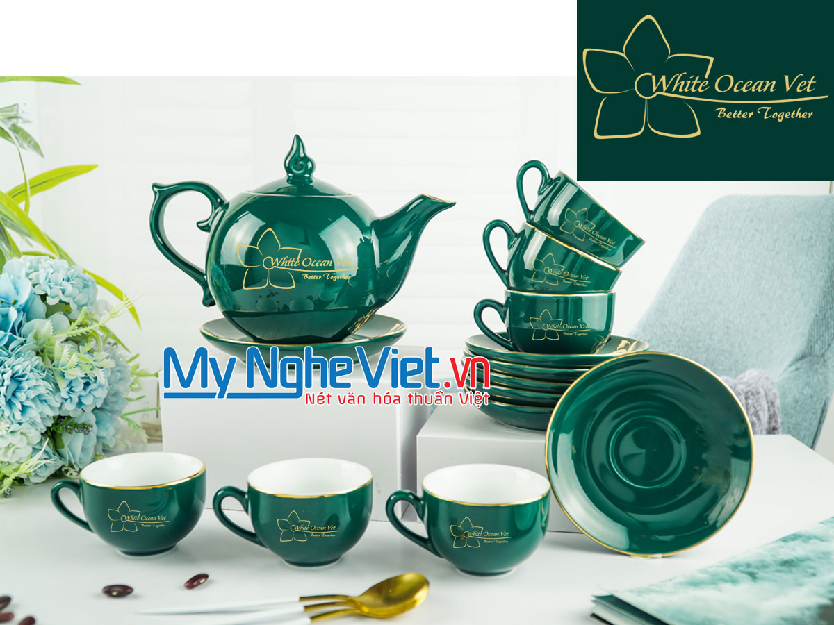Bộ bình trà ( ấm chén) men xanh cổ vịt in logo Đại Dương Trắng HDWOW01