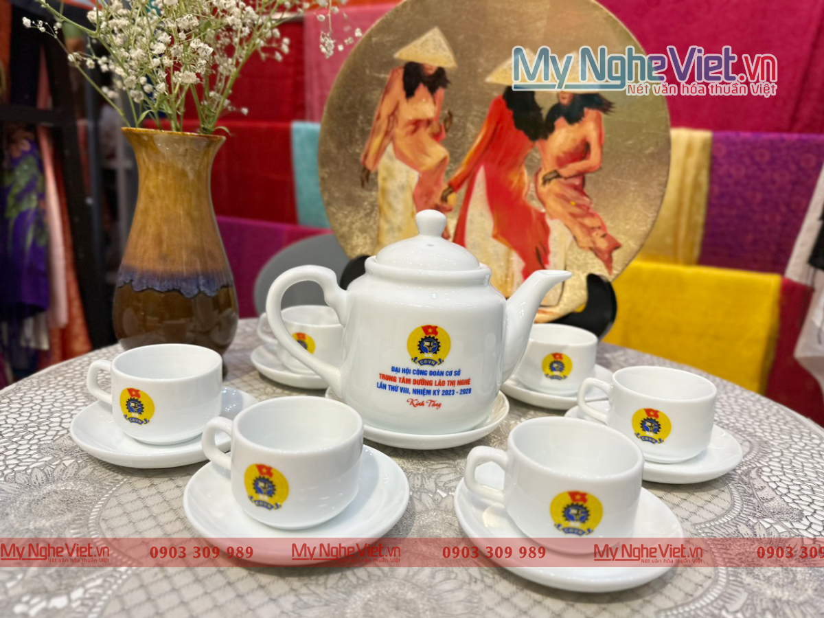 Bộ bình trà ( ấm chén) dáng tiệp in logo Đại Hội Công Đoàn cơ sở MNV-HĐ02-DL