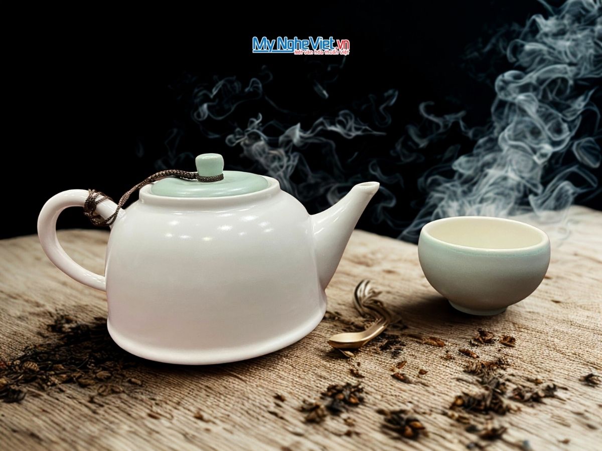Bộ bình trà Bát Tràng cao cấp men mát trắng xanh MNV-HBT0505/1