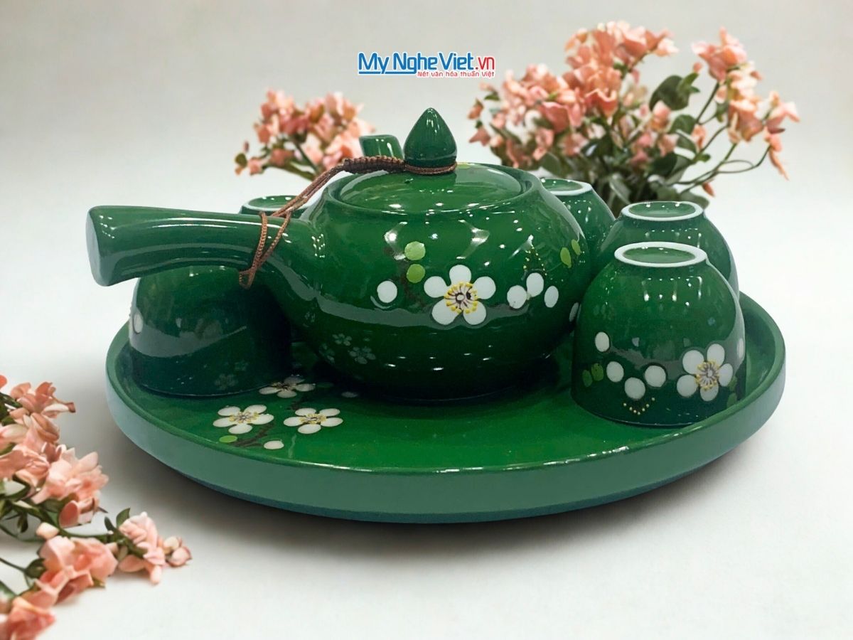 Bộ bình trà như ý men màu hoa mai 5 cánh