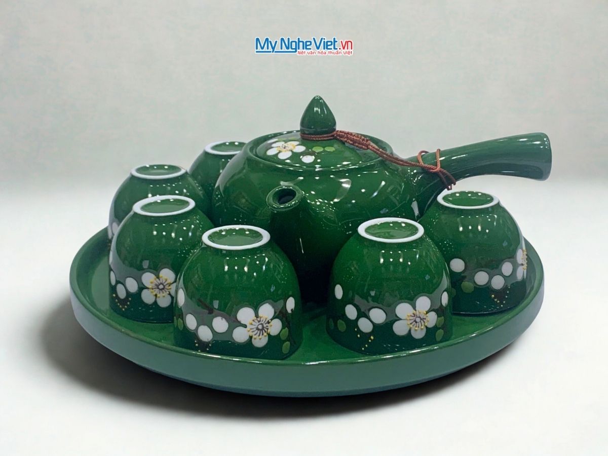 Bộ bình trà như ý men màu hoa mai 5 cánh quai cầm ngang VBT14
