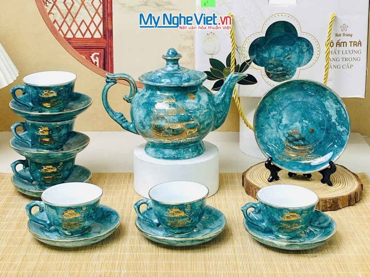 Bộ bình trà cát tường vân đá Thuận buồm viền chỉ vàng kim VBT12/5.1