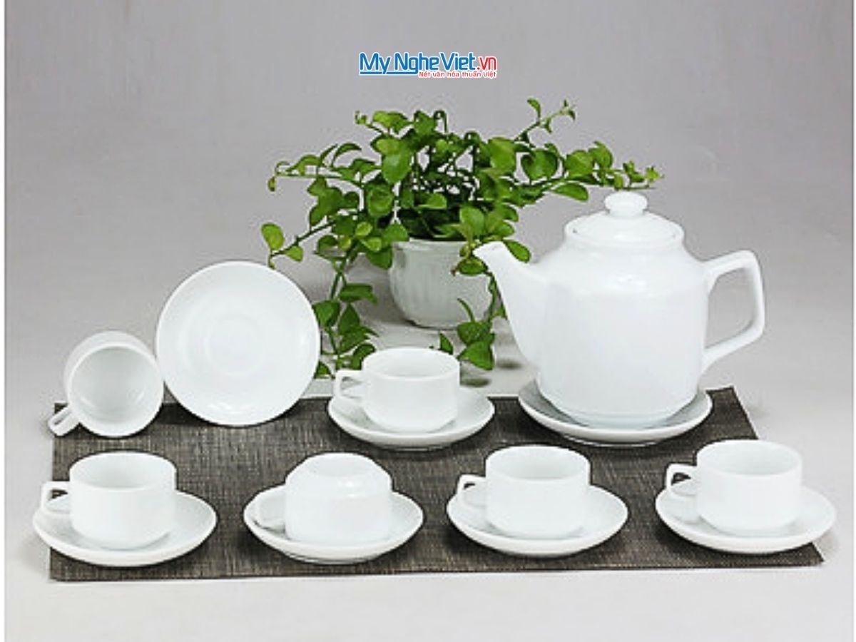Bộ ấm chén men trắng vuông cao gốm sứ Bát Tràng 800ml