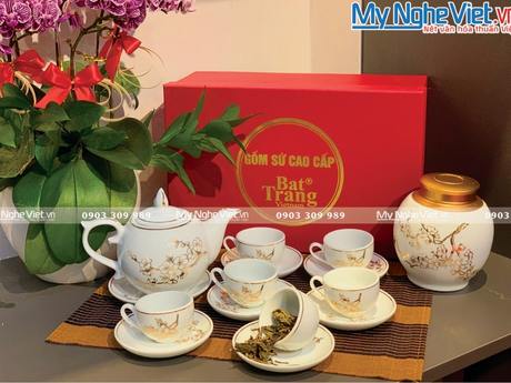 Bình trà Bát Tràng đào vàng viền chỉ vàng kim + Hũ trà 200g BBT-VBT12/1