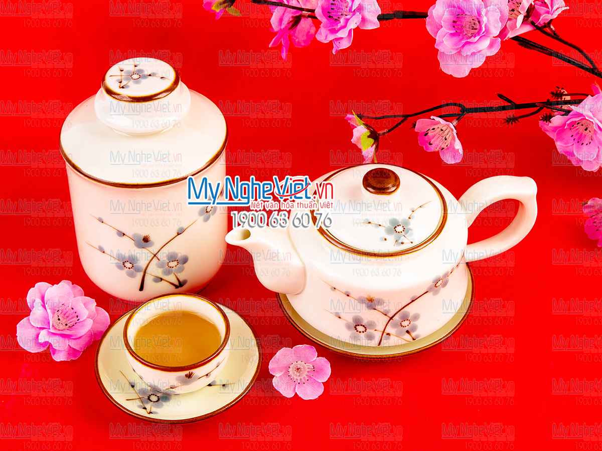 Bộ bình trà men trắng vẽ đào xanh MNV-CBBT01-2 (HÀNG ĐẶT)