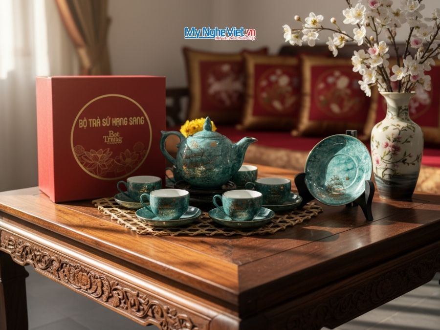 Bình trà dáng bưởi thuận buồm men vân đá xanh dương VBT12/14