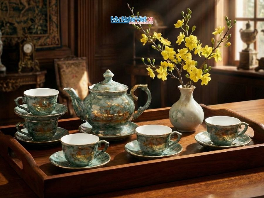 Bộ bình trà cát tường vân đá mã đáo viền chỉ vàng kim VBT12/5.2