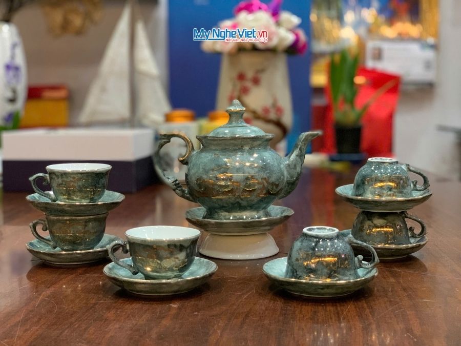 Bộ bình trà cát tường vân đá mã đáo viền chỉ vàng kim VBT12/5.2