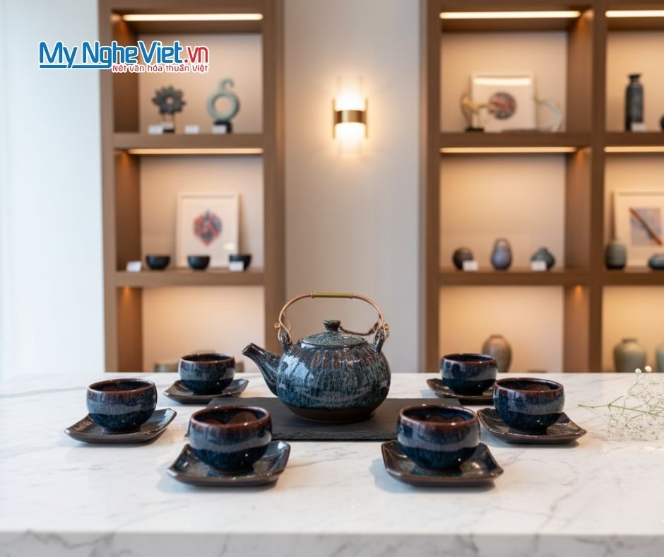 Bộ bình trà men hỏa biến Ấm chén kẻ sọc 500ml TS580