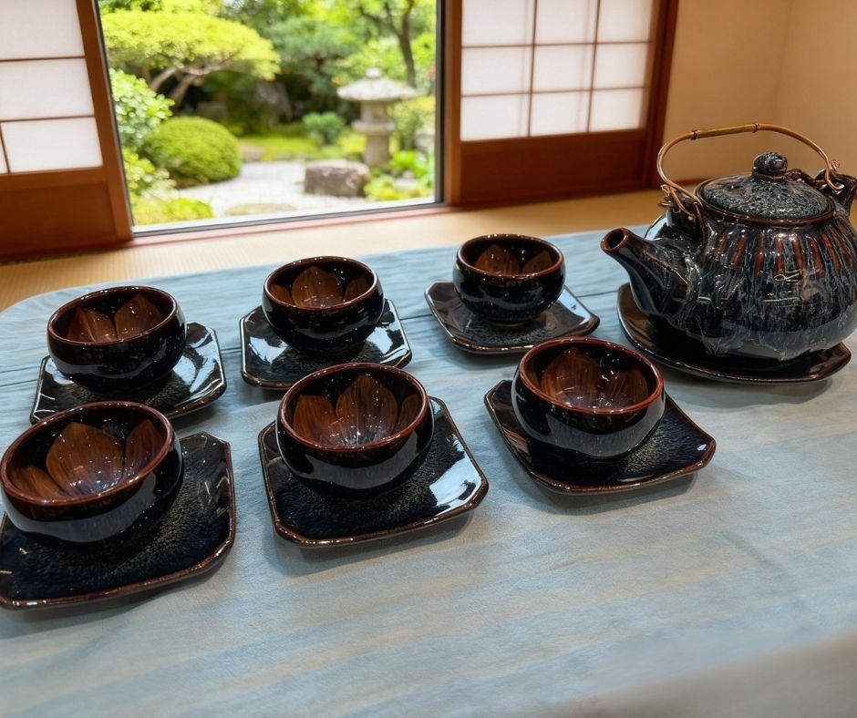 Bộ bình trà men hỏa biến Ấm chén kẻ sọc 500ml TS580