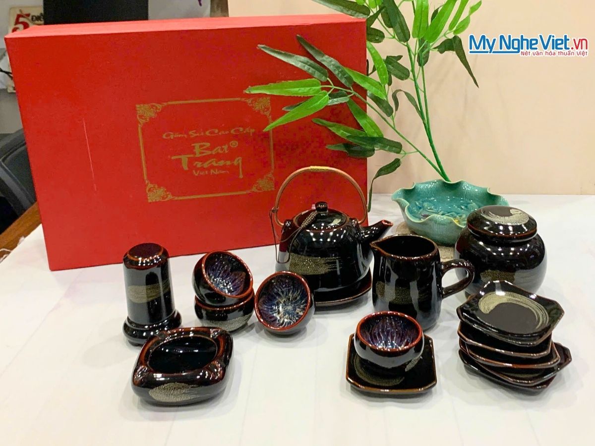 Bình Trà Gốm Bát Tràng hỏa biến quệt trắng + Phụ Kiện MNV-PKTS583-3