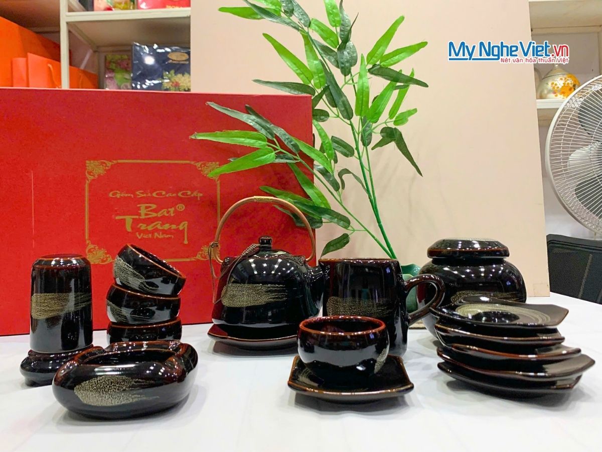 Bộ Bình Trà Gốm Bát Tràng Hỏa Biến Men Xanh Và Phụ Kiện