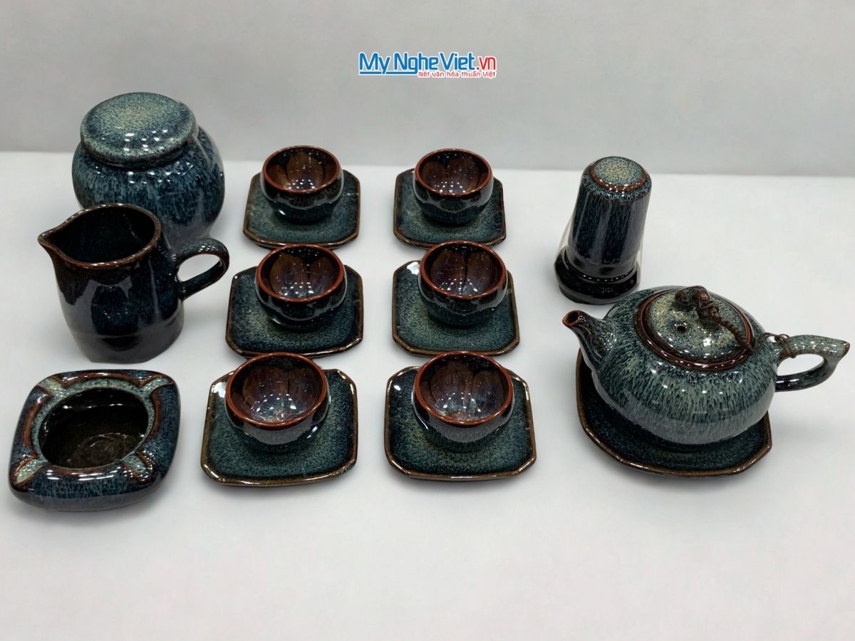 Bộ Bình Trà Gốm Bát Tràng phụ kiện Hỏa Biến Men Xanh quai Sứ MNV-PKTS586