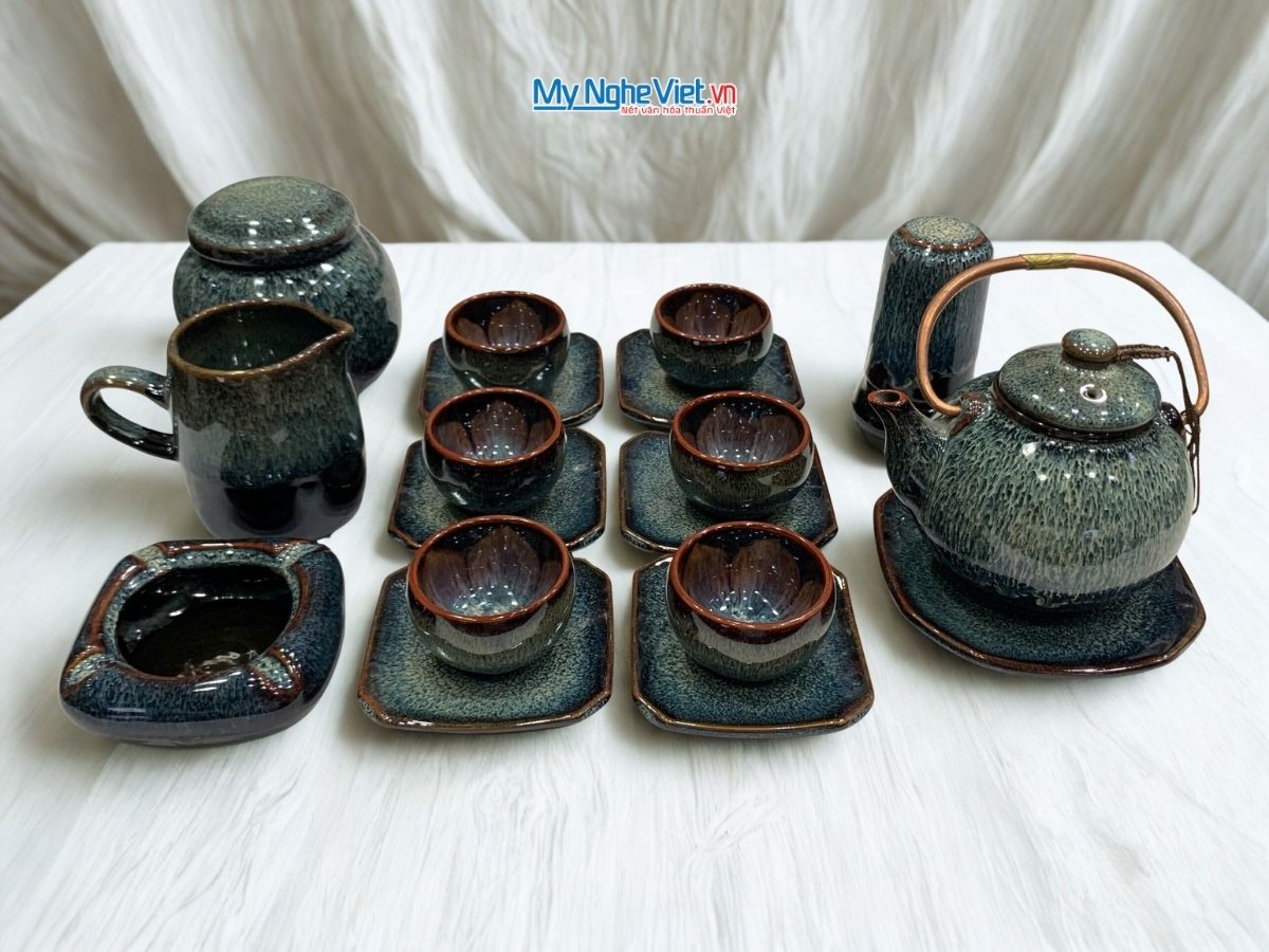 Bình Trà Gốm Bát Tràng Hỏa Biến Men Xanh MNV-PKTS587