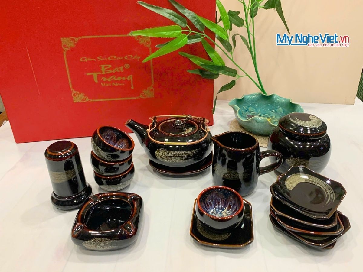 Bình Trà Men Gốm Bát Tràng Hỏa Biến Nâu Dẹt Quệt Trắng MNV-PKTS709