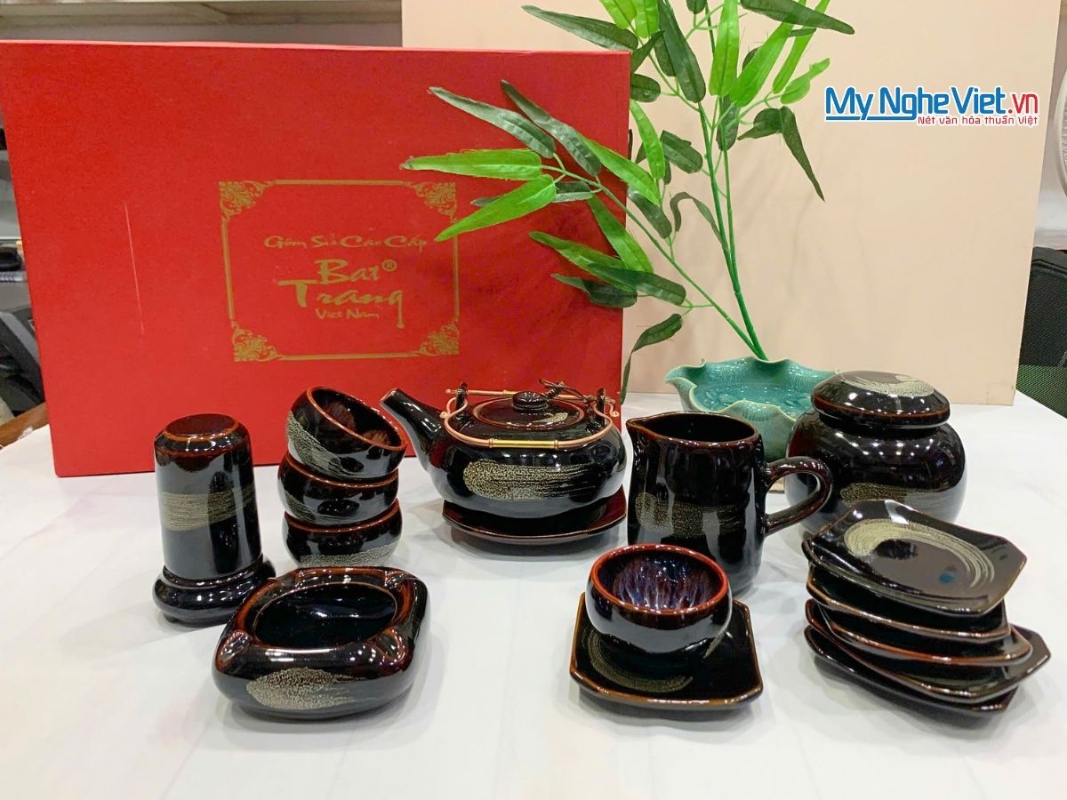 Bình Trà Gốm Bát Tràng hỏa biến quệt trắng và Phụ Kiện