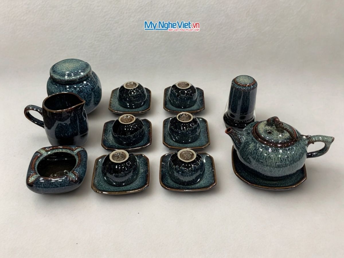 Bộ Bình Trà Gốm Bát Tràng phụ kiện Hỏa Biến Men Xanh quai Sứ MNV-PKTS586