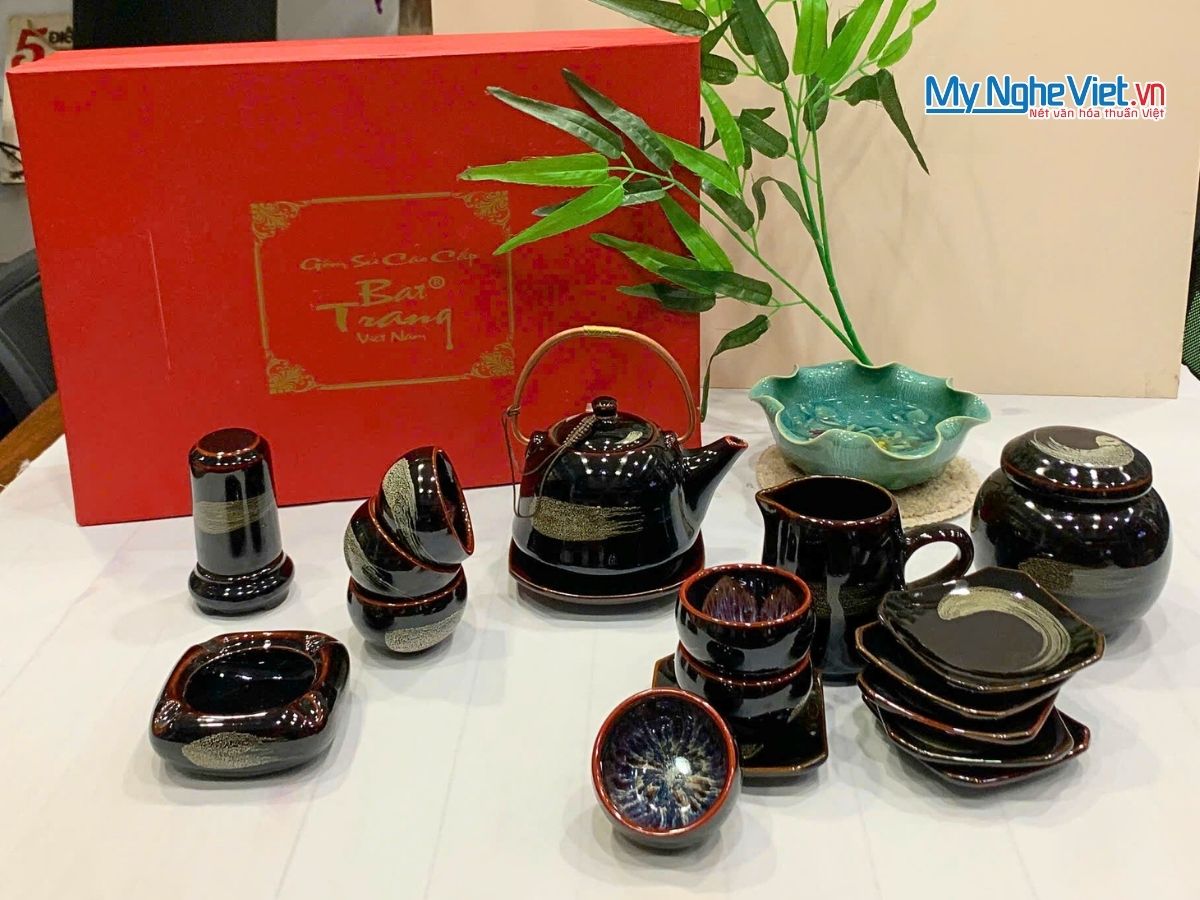 Bộ Bình Trà Gốm Bát Tràng Hỏa Biến Men Xanh Và Phụ Kiện