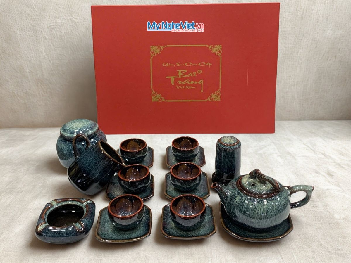 Bộ Bình Trà Gốm Bát Tràng phụ kiện Hỏa Biến Men Xanh quai Sứ MNV-PKTS586