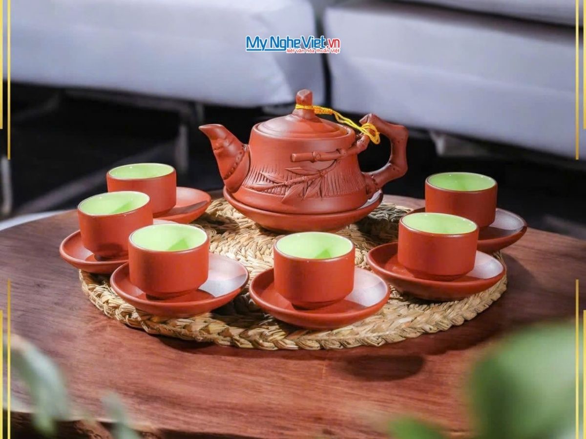 Bộ bình trà tử sa đắp trúc men nâu gốm Bát Tràng