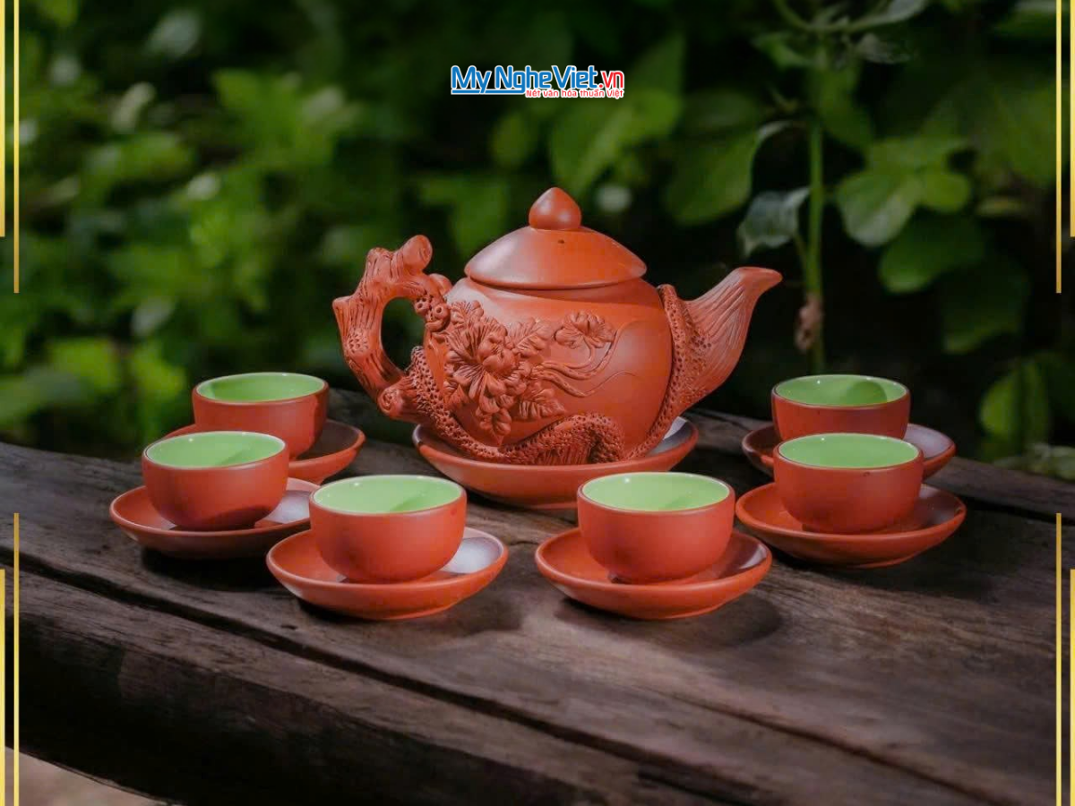 Bộ bình trà Tử Sa hoa phù dung gốm Bát Tràng và hộp đẹp