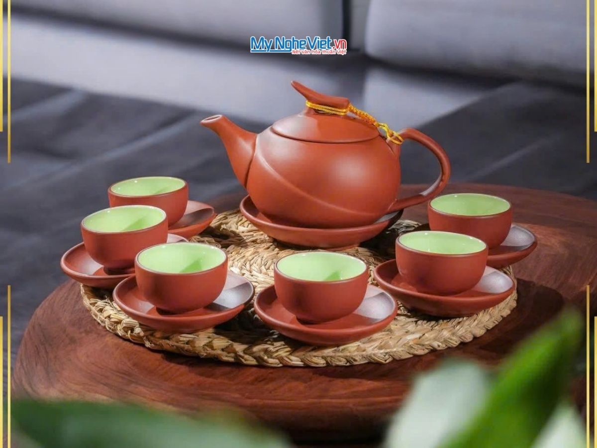 Bộ bình trà tử sa quả cam men nâu gốm Bát Tràng