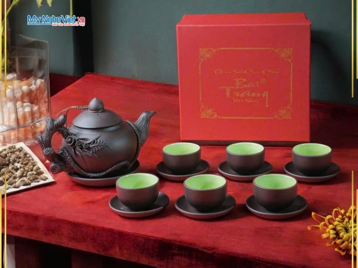 Bộ bình trà Tử Sa Đắp S2 gốm Bát Tràng và hộp đẹp