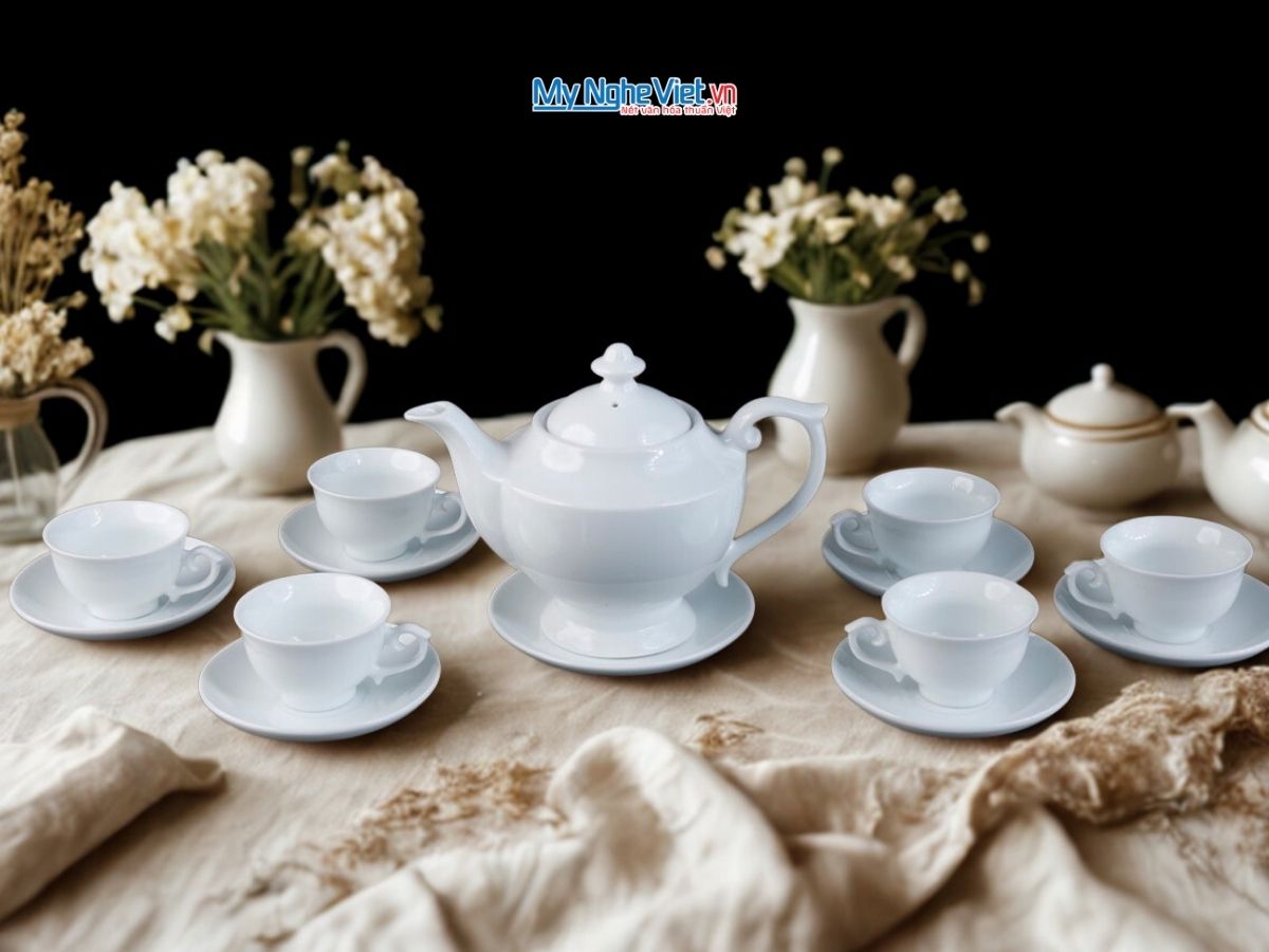 Bộ Bình Trà Quốc Hội trắng trơn 600ml