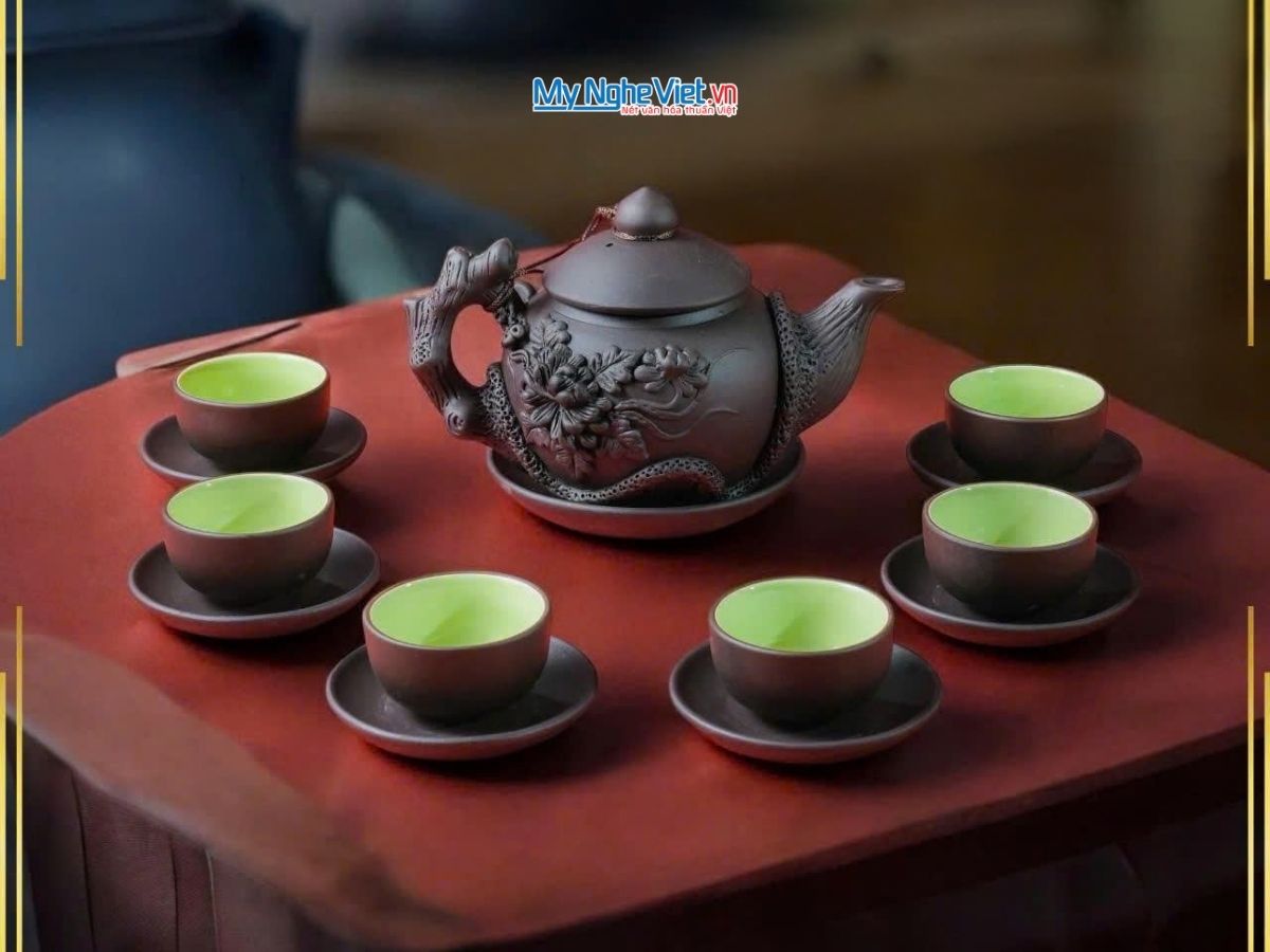 Bộ bình trà Tử Sa hoa phù dung gốm Bát Tràng và hộp đẹp