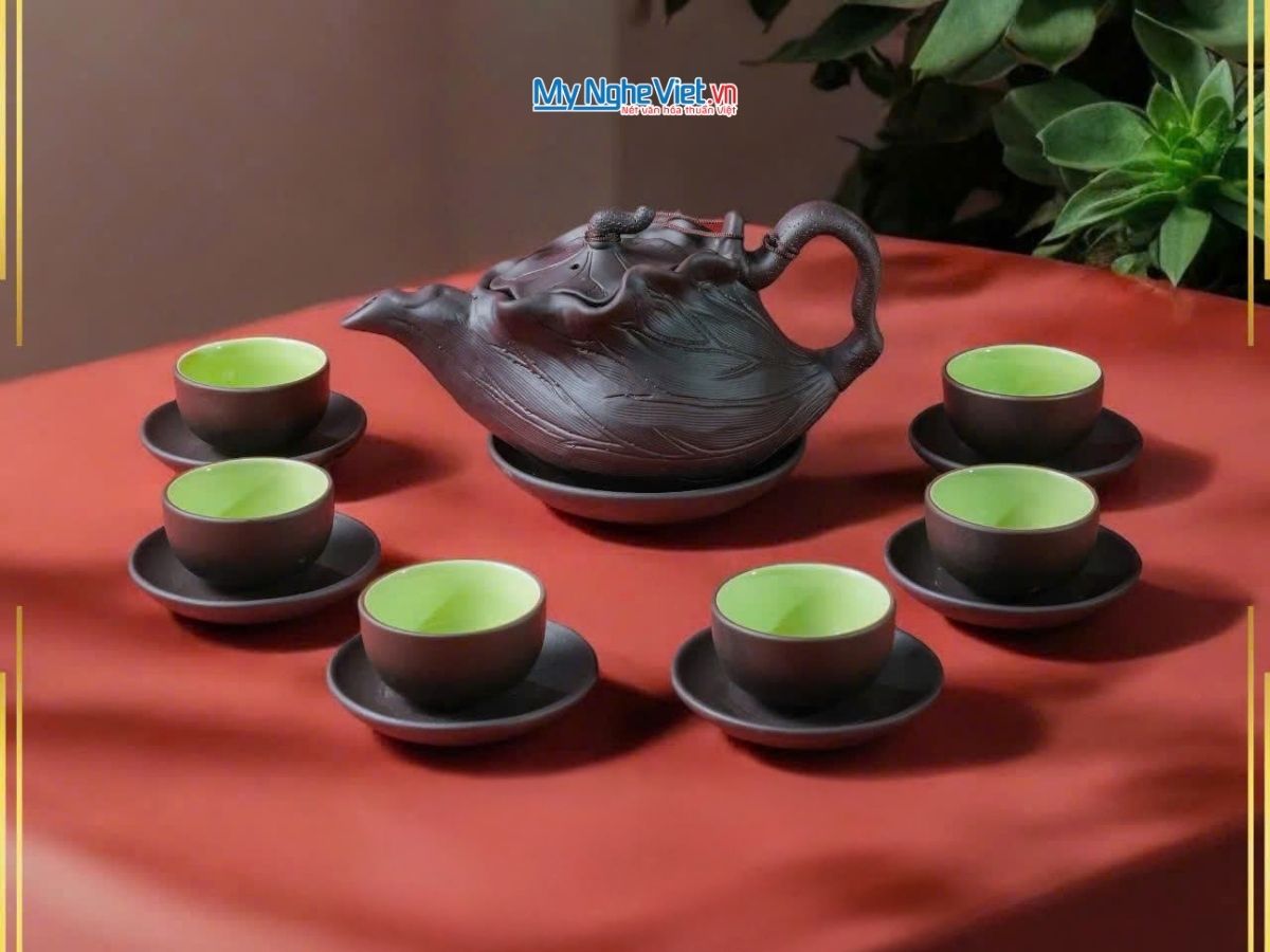 Bộ bình trà tử sa lá sen gốm Bát Tràng