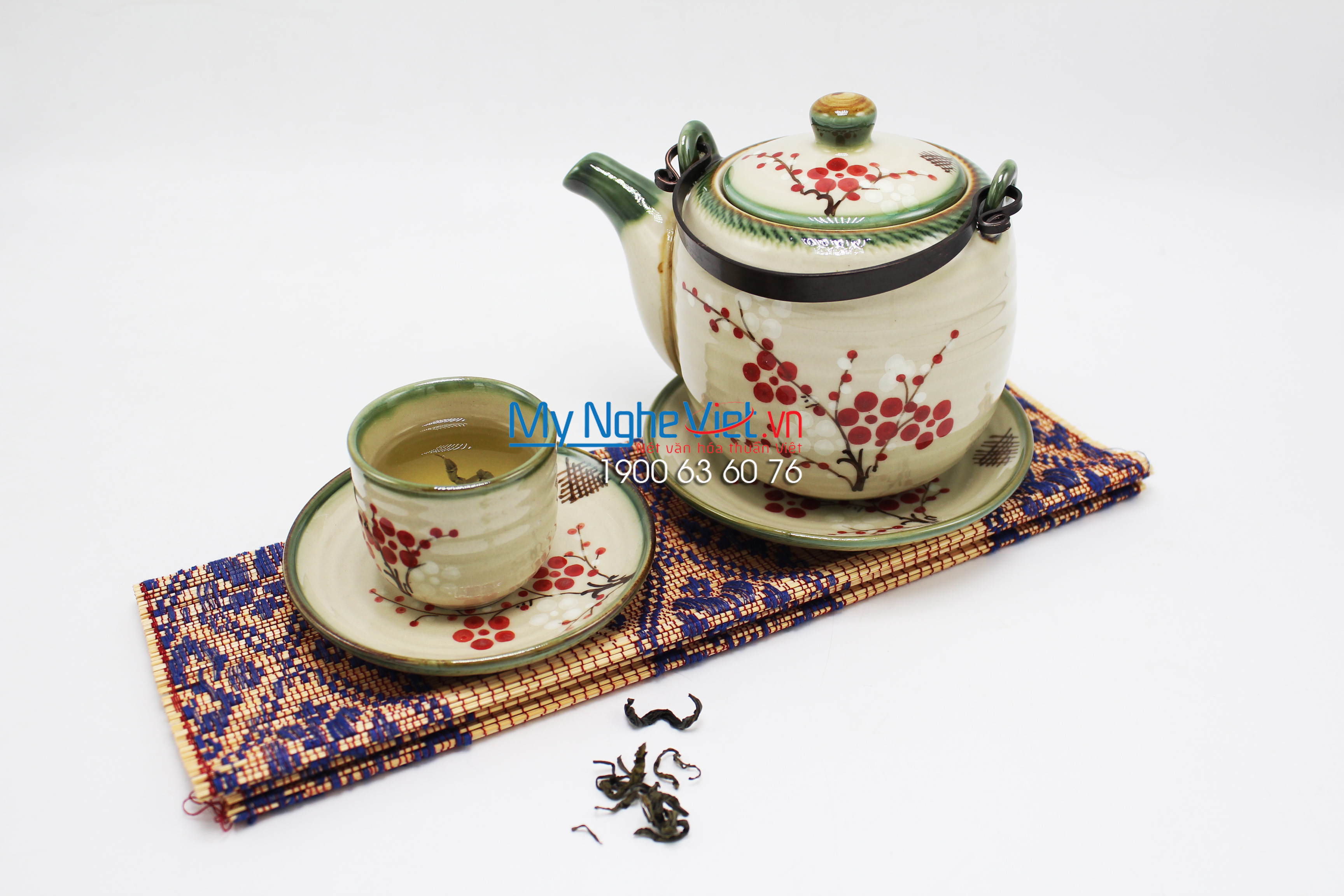 Bộ bình trà men bóng vai s2 quai đồng Đào- MNV-BT266-1