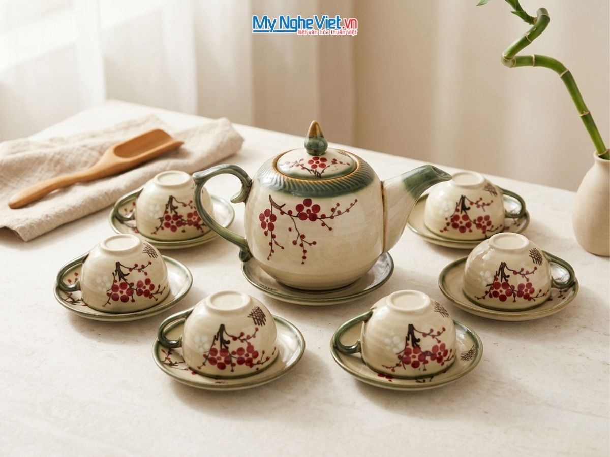 Bộ Bình Trà Dáng Bưởi Vẽ Hoa Đào MNV-TS513