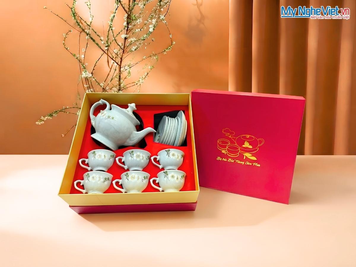 Bộ Bình Trà Men Vân Đá Dáng Cát Tường Hoa Ban Trắng Màu Xanh Lam VBT12/8