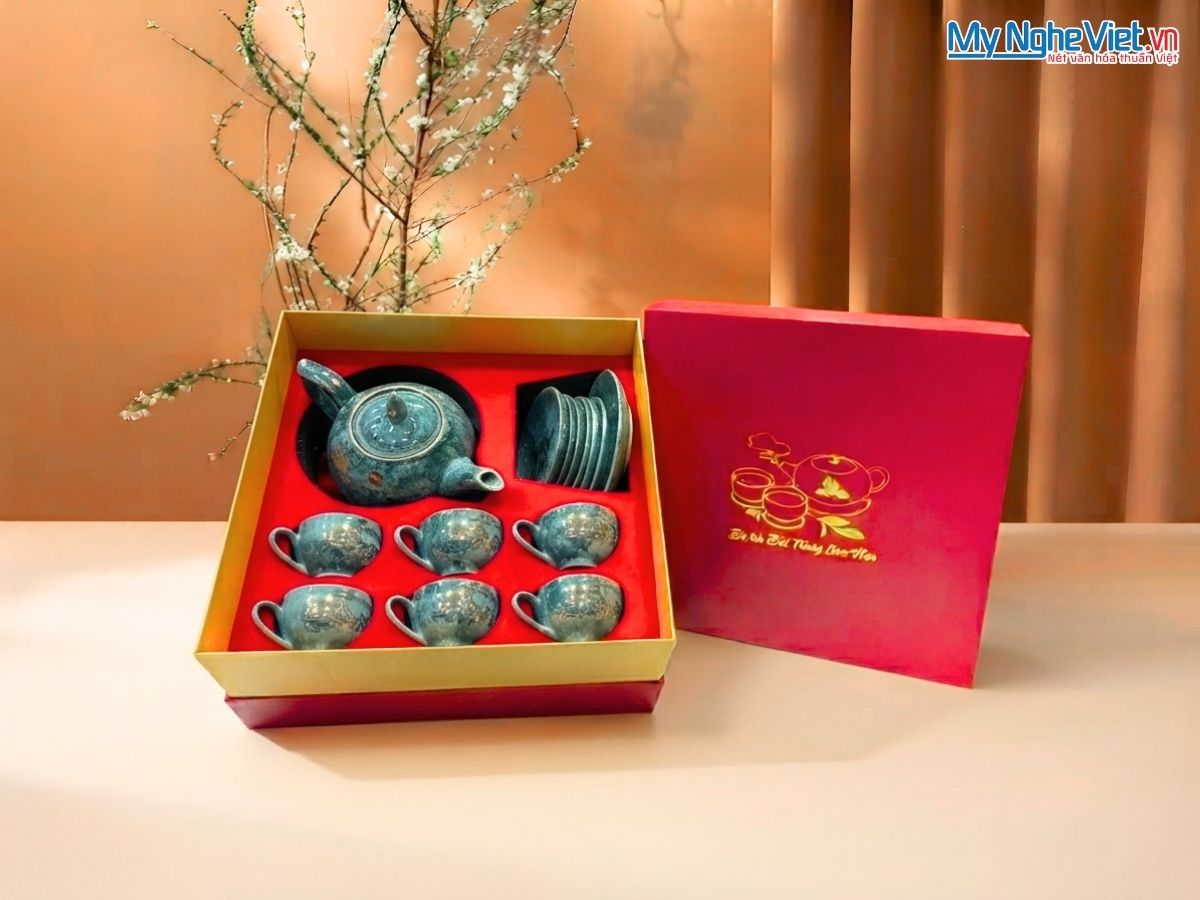 Bộ bình trà dáng men vân đá dáng bưởi vẽ vàng kim thuận buồm xuôi gió VBT12/14