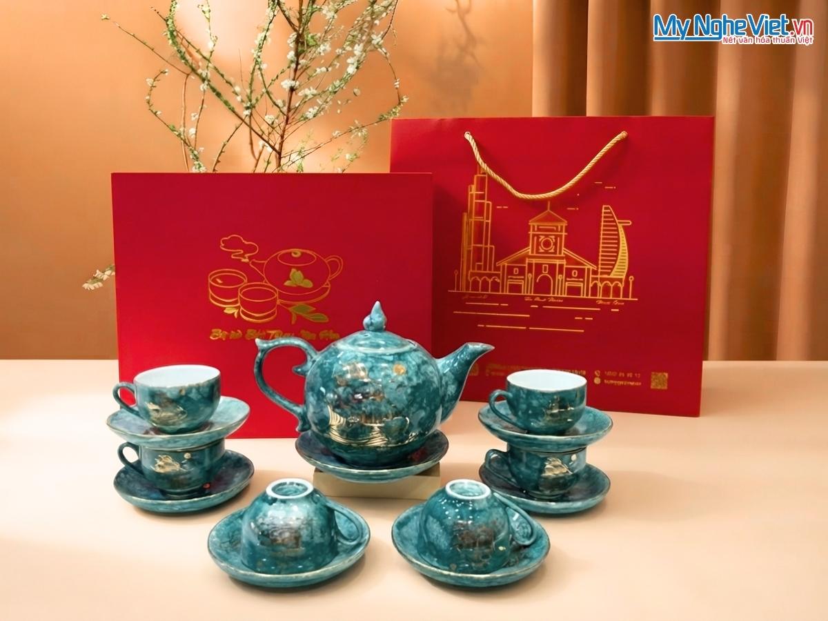 Bộ bình trà dáng men vân đá dáng bưởi vẽ vàng kim thuận buồm xuôi gió VBT12/14